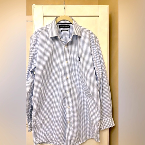 US Polo Assn Men’s Button Up Long Sleeve Dress Shirt - Blue and White Grid - Picture 4 of 7